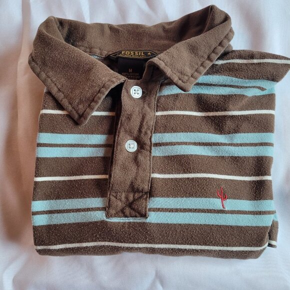Fossil Men's Brown/Blue Striped Polo Shirt Size Medium - Picture 6 of 6
